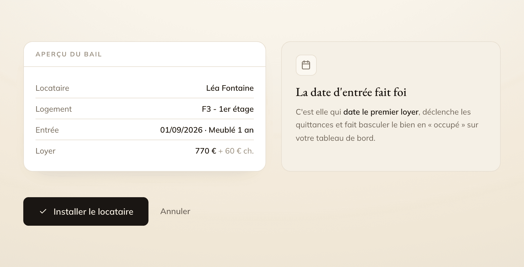 Bas du formulaire sur Locara : la carte Aperçu du bail (locataire, logement, entrée, loyer) et le bouton noir « Installer le locataire ».