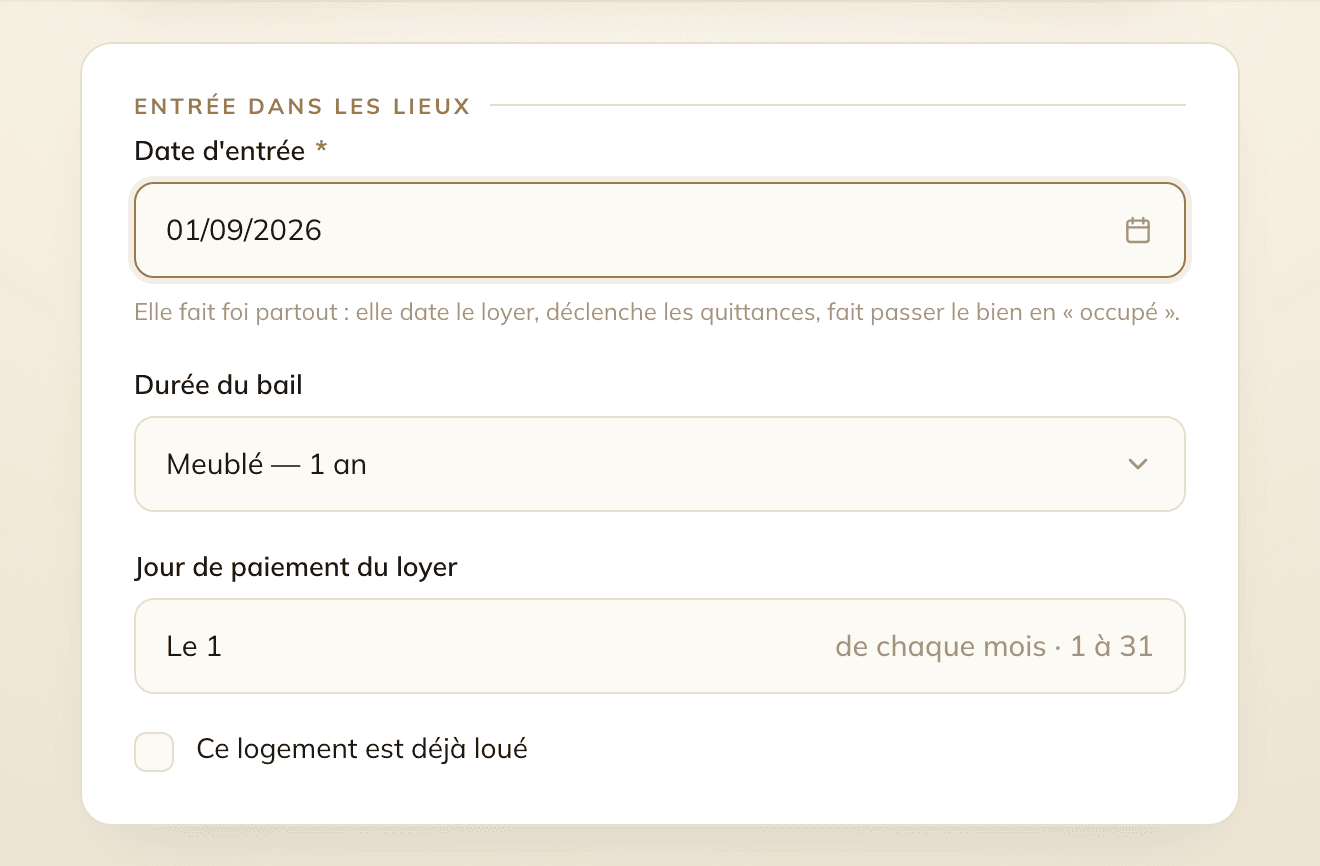 Section Entrée dans les lieux sur Locara : la date d’entrée, la durée du bail (Meublé 1 an), le jour de paiement du loyer de 1 à 31, et une case « Ce logement est déjà loué ».