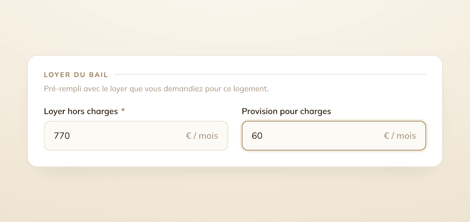 Section Loyer du bail sur Locara : le loyer hors charges pré-rempli à 770 € par mois et la provision pour charges à 60 € par mois.