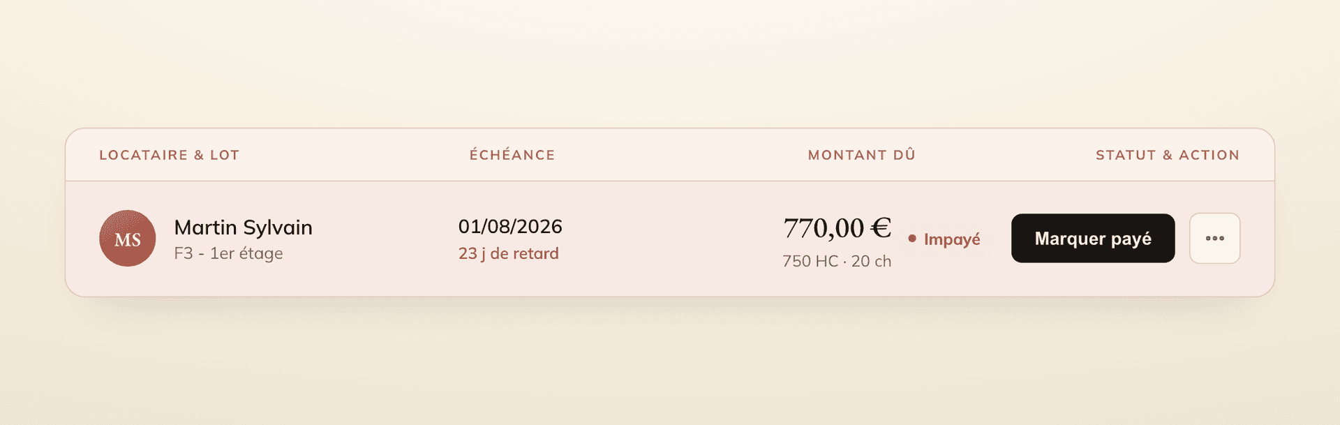 Ligne d’échéance au statut Impayé avec le nombre de jours de retard, et les boutons Marquer payé et Plus d’actions.