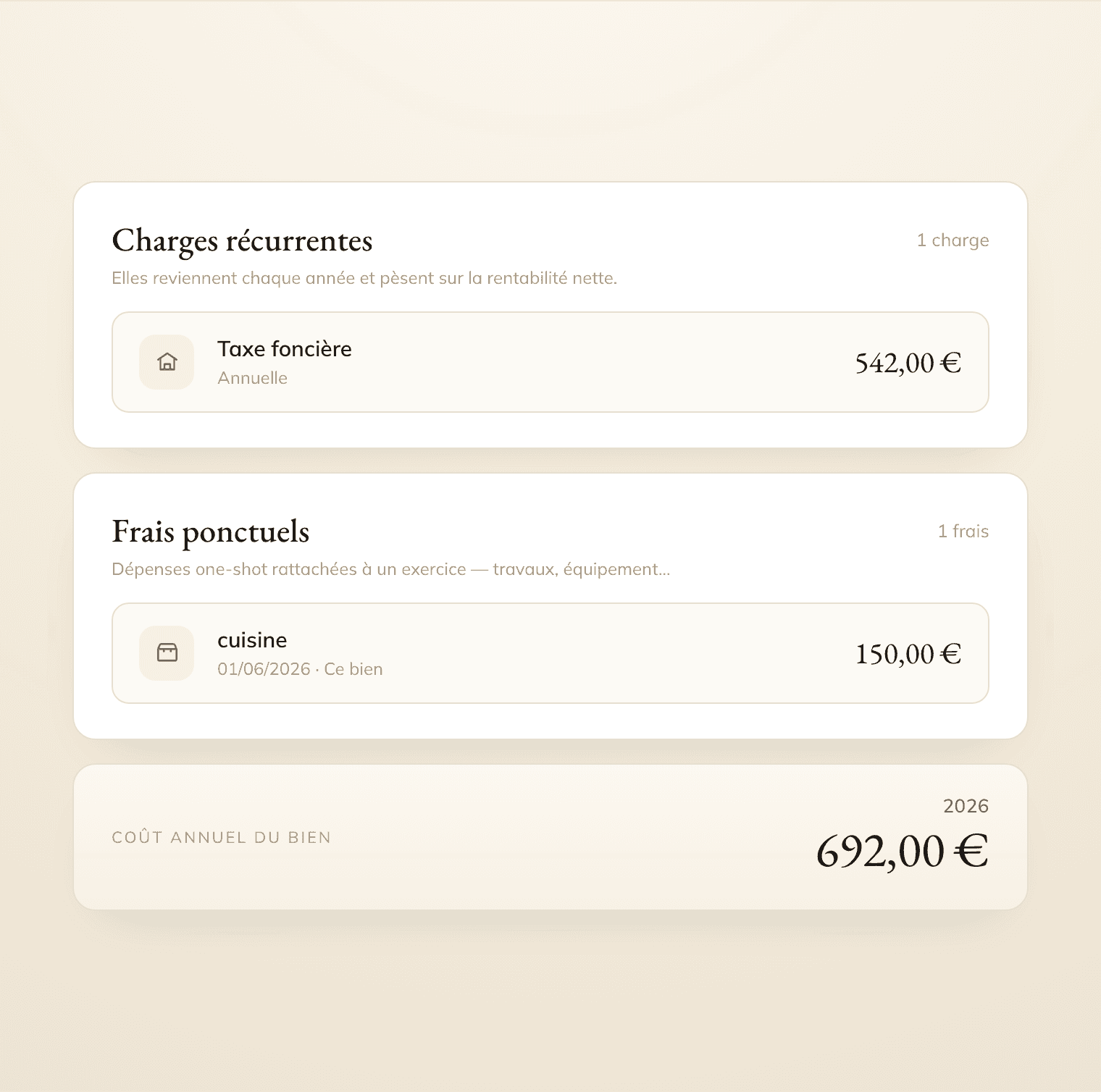 Écran Locara : la carte Charges & frais d’un bien liste la taxe foncière, les charges de copropriété et les travaux, avec leurs montants.