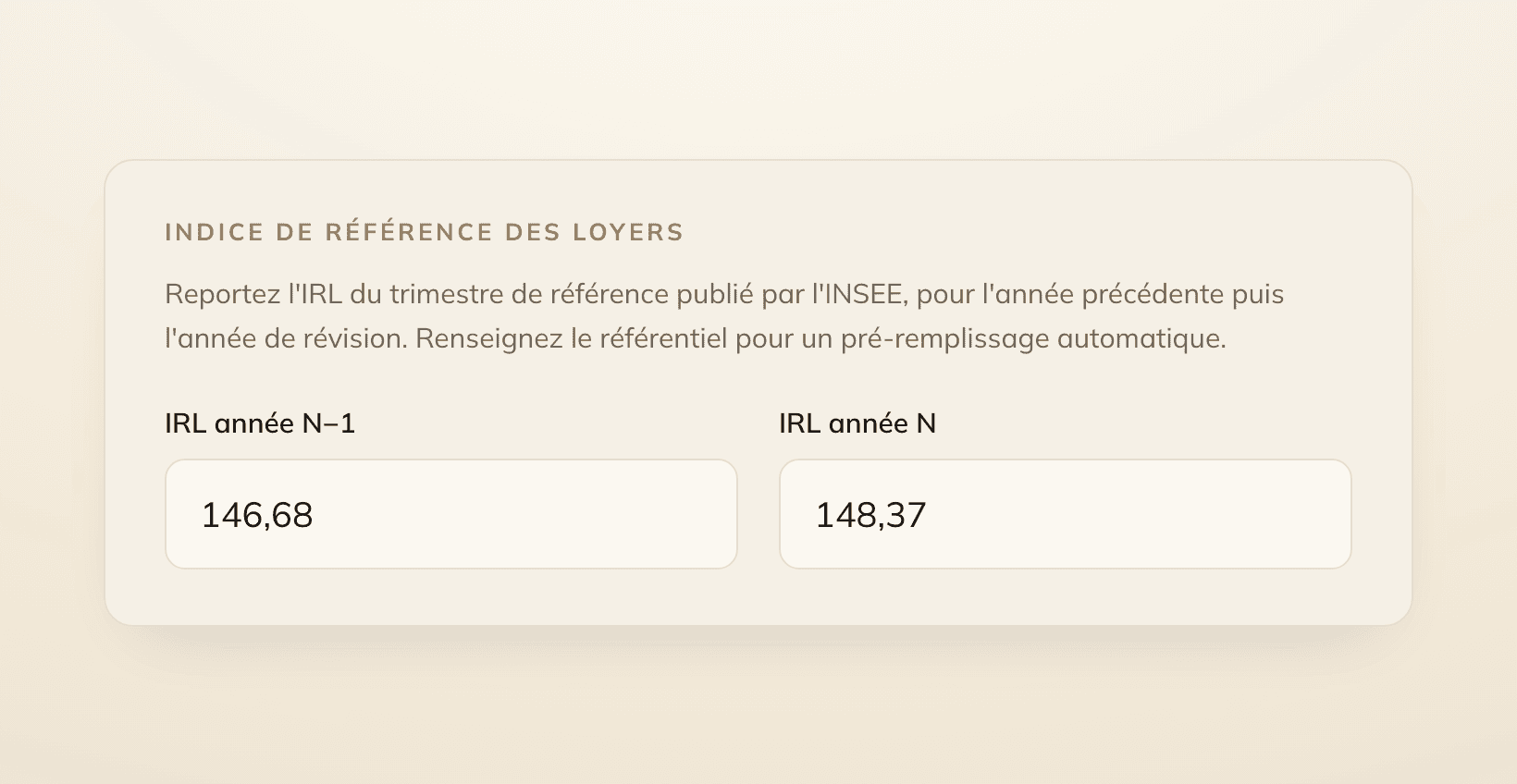 Gros plan sur les deux champs « IRL année N−1 » et « IRL année N » du panneau Locara, avec leur consigne de report depuis l’INSEE.